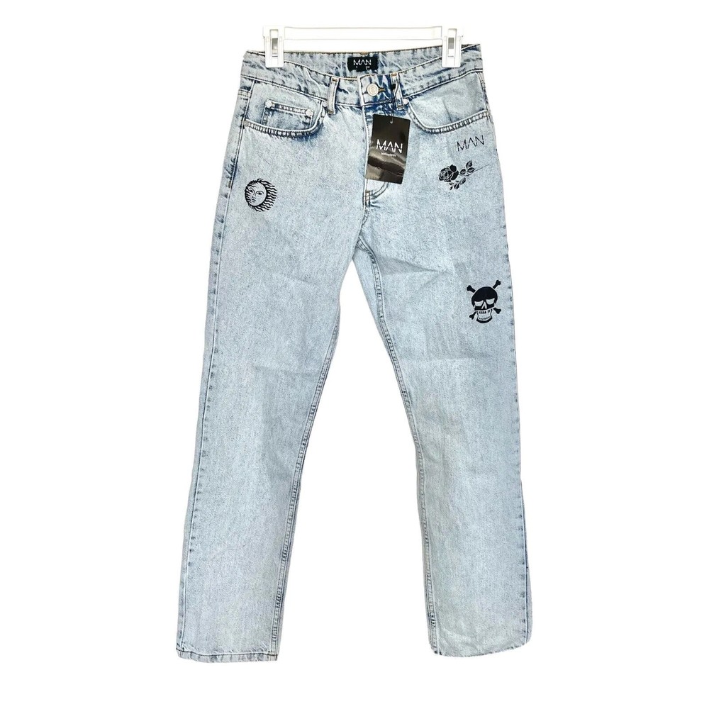 Boohoo Man Straight Leg Multi Graphic Print Jeans Ice Blue Size 28 Denim NWT